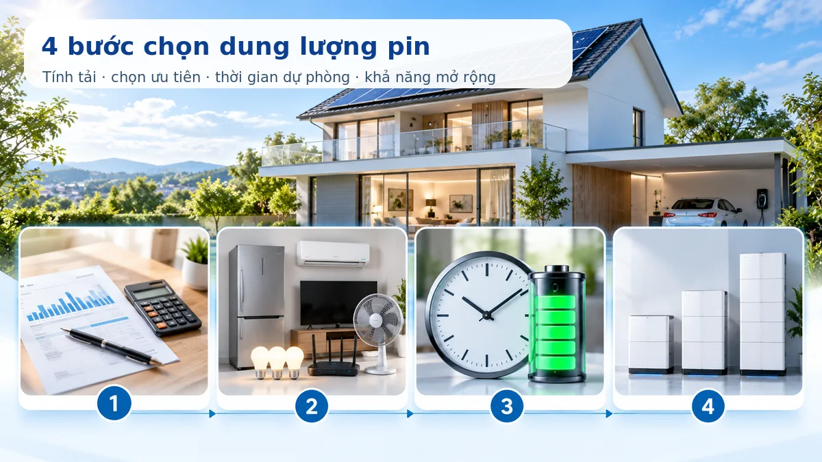 Bốn bước chọn dung lượng pin theo điện tiêu thụ, tải ưu tiên, thời gian dự phòng và khả năng mở rộng