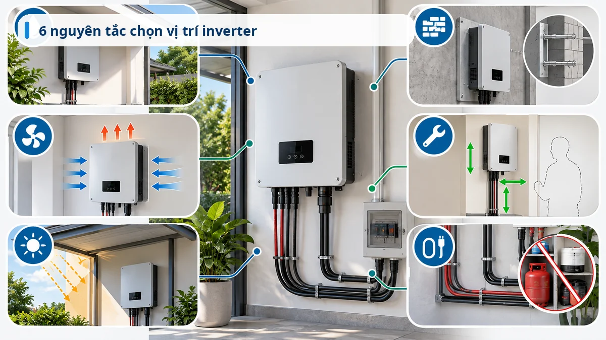 Sáu nguyên tắc chọn vị trí lắp inverter điện mặt trời gồm mái che, thông gió, tường chắc và khoảng hở bảo trì