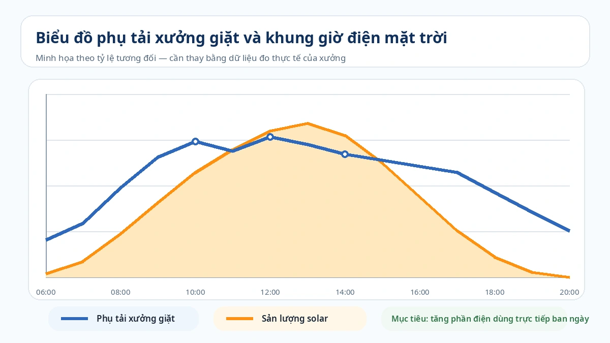 Biểu đồ phụ tải xưởng giặt và sản lượng điện mặt trời theo giờ trong ngày