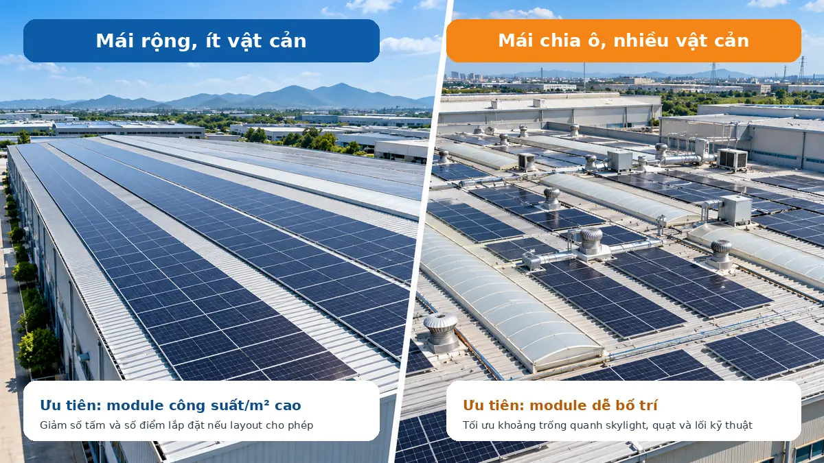 So sánh bố trí module trên mái nhà xưởng rộng ít vật cản và mái chia ô có nhiều skylight thiết bị