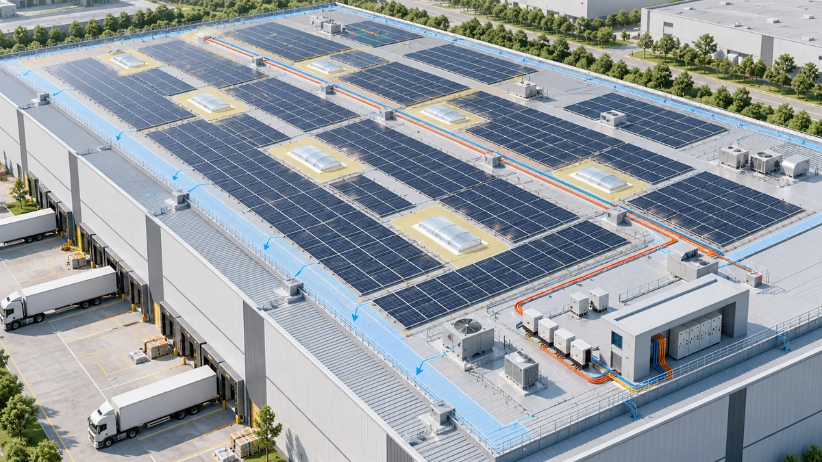 Bố trí pin và tuyến kỹ thuật trên mái kho logistics
