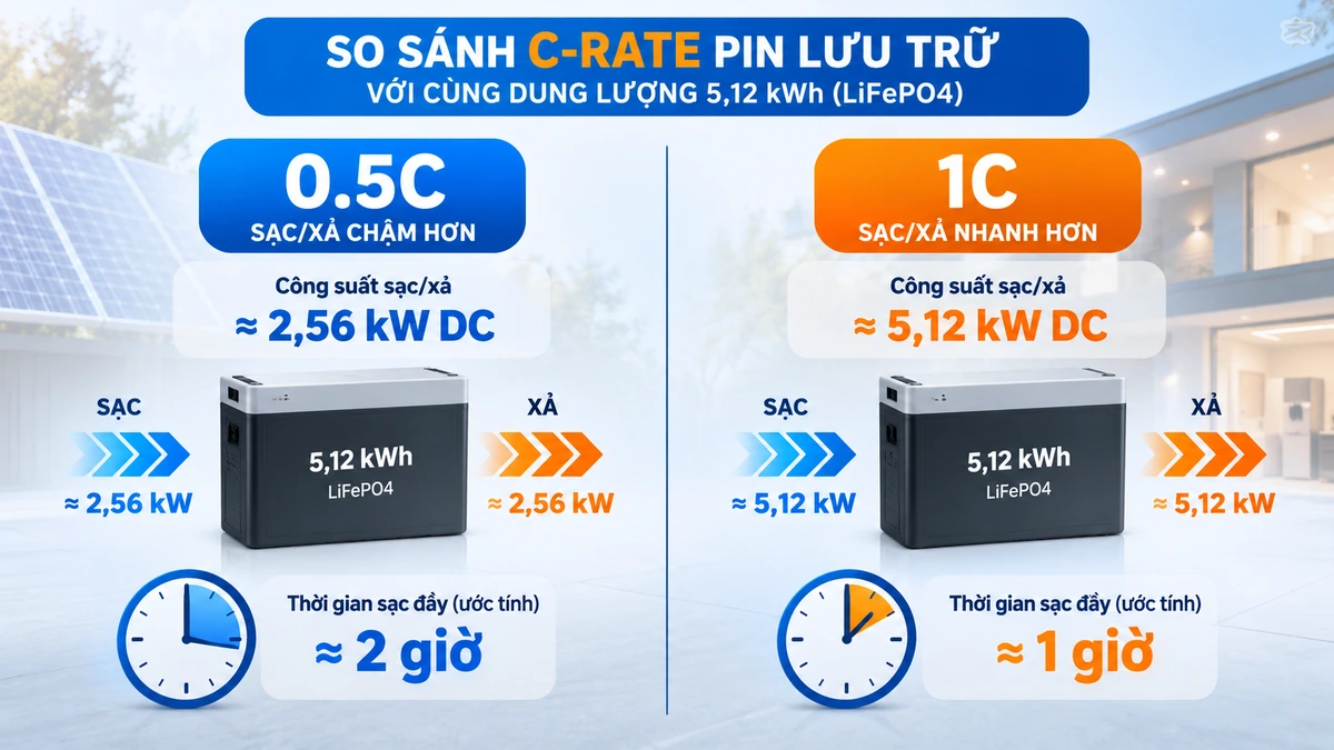 So sánh 0.5C và 1C trên pin lưu trữ 5,12 kWh.
