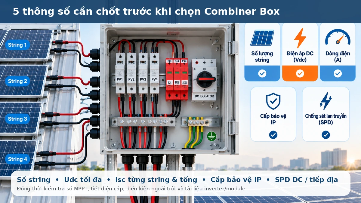 Cách chọn Combiner Box theo số lượng string, điện áp, dòng điện, cấp IP và SPD
