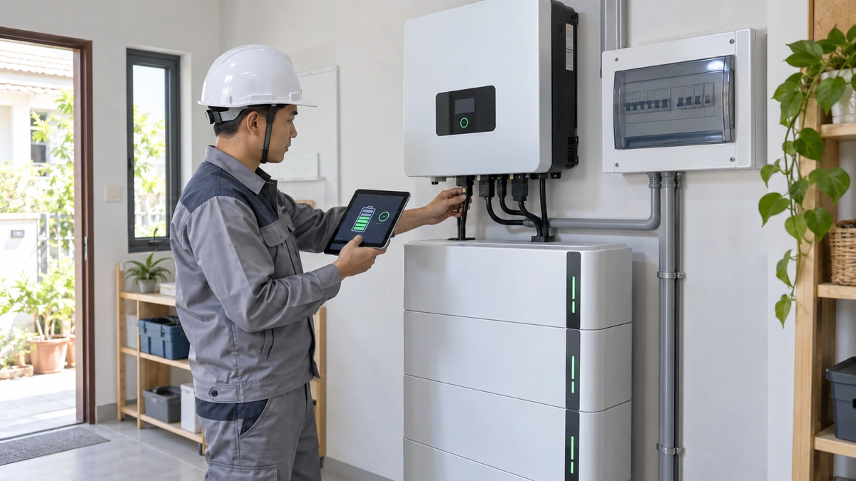 Kỹ thuật viên kiểm tra cài đặt DoD trên inverter hybrid và BMS