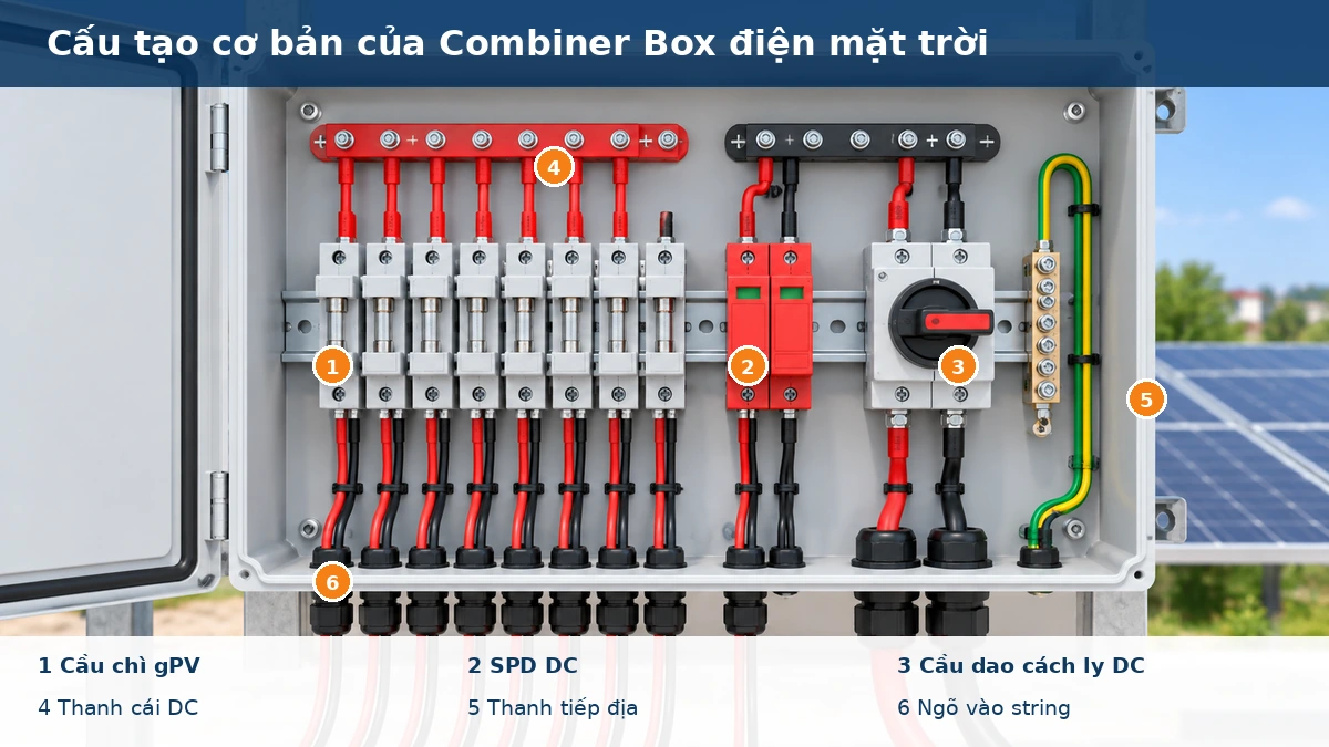 Cấu tạo Combiner Box điện mặt trời gồm cầu chì gPV, SPD DC, cầu dao cách ly, thanh cái và tiếp địa