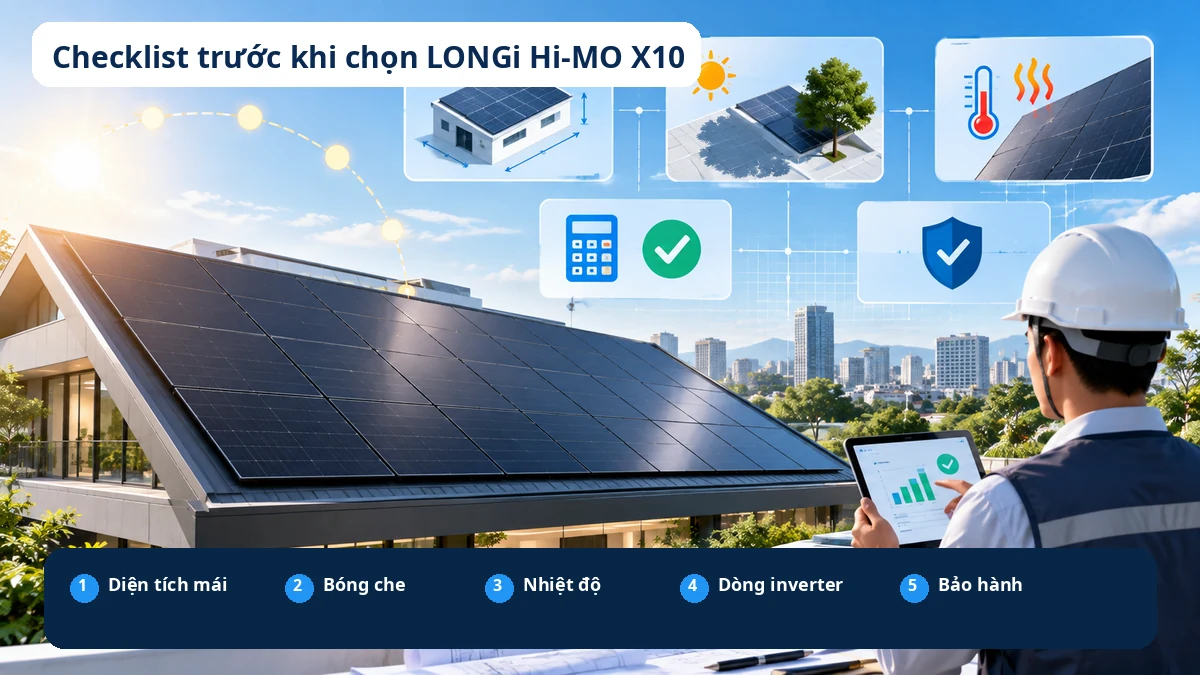 Kỹ sư kiểm tra các tiêu chí cần thiết trước khi lựa chọn LONGi Hi-MO X10 cho mái công trình