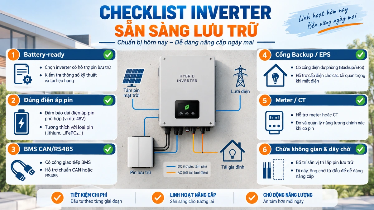 Checklist quan trọng khi chọn inverter cho hệ solar có kế hoạch bổ sung pin sau.
