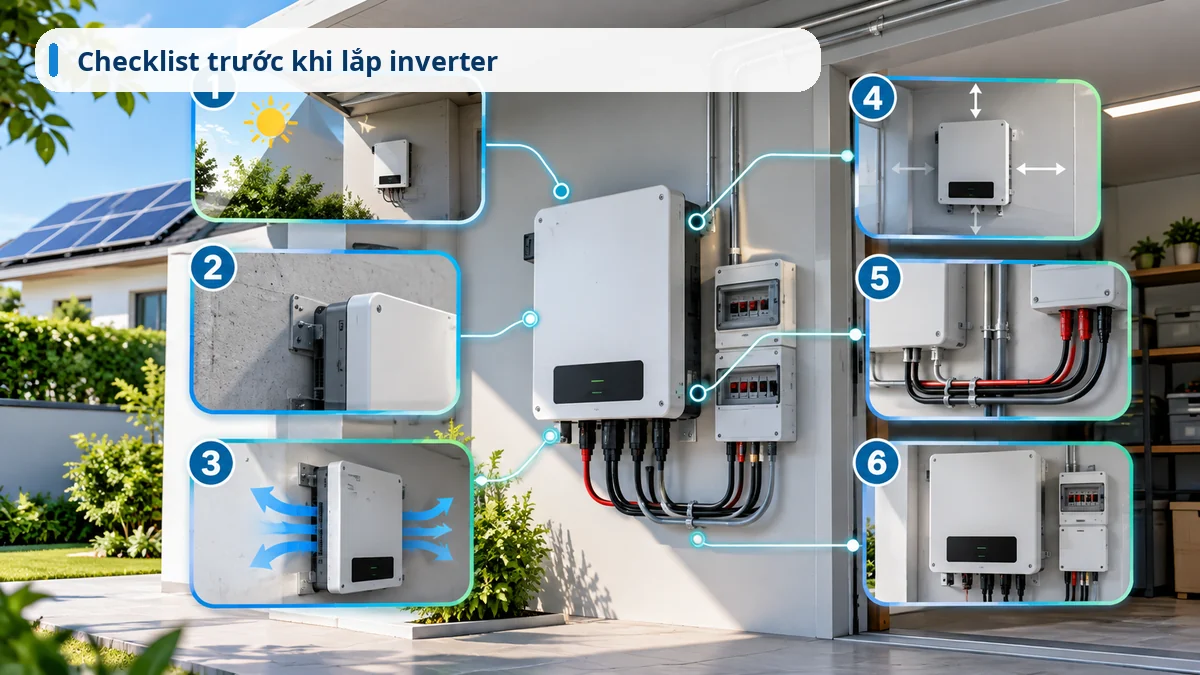 Checklist trước khi lắp inverter điện mặt trời gồm mái che, tường chắc, thông gió, khoảng hở, cáp và khả năng bảo trì