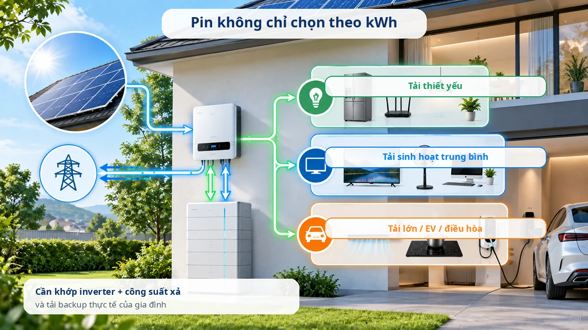 Sơ đồ chọn pin lưu trữ theo inverter, công suất xả và tải gia đình