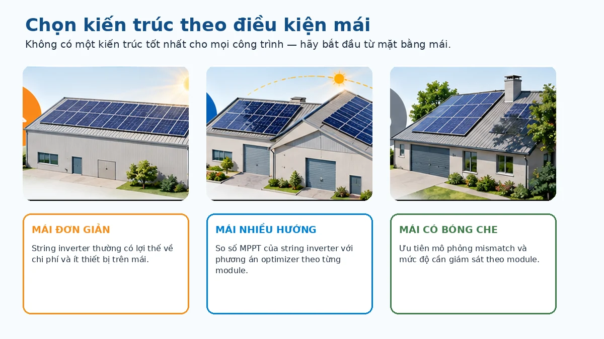 Ba tình huống chọn SolarEdge hoặc string inverter cho mái đơn giản, nhiều hướng và có bóng che.