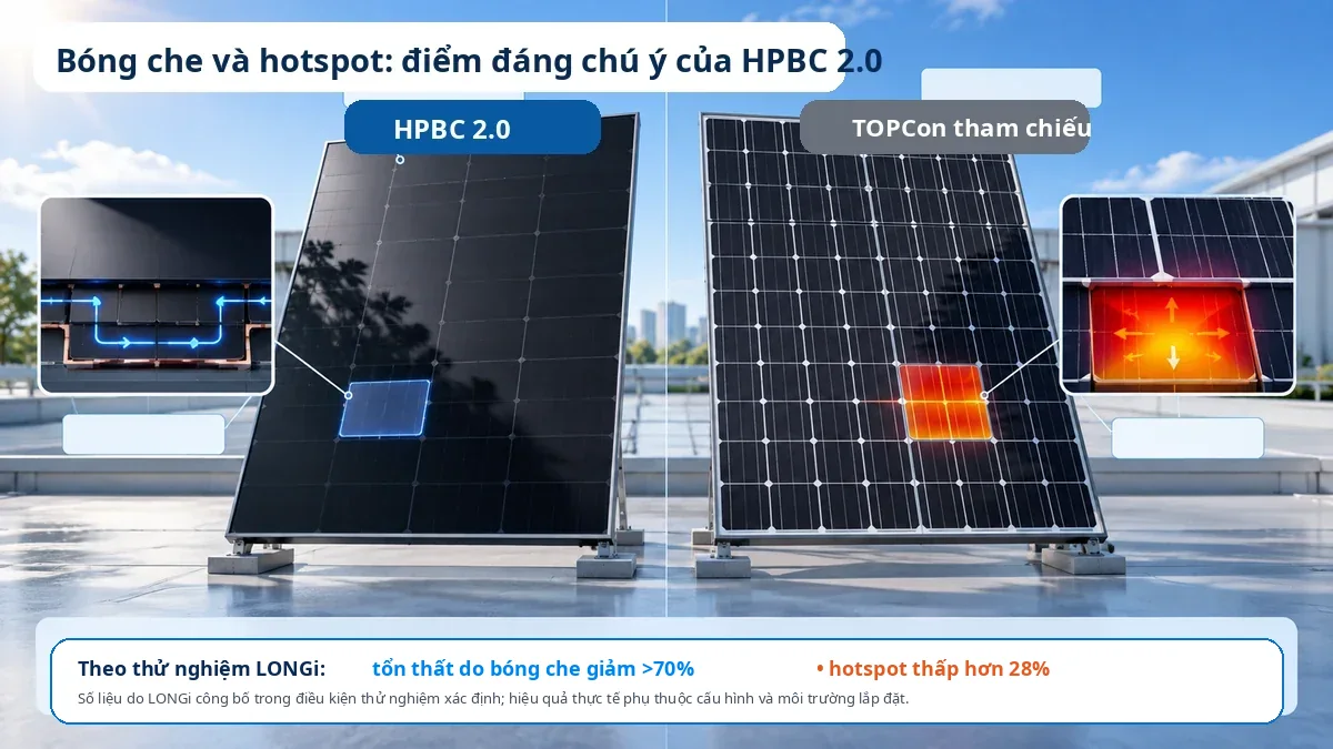 So sánh minh họa phản ứng với bóng che và hotspot giữa HPBC 2.0 và TOPCon tham chiếu