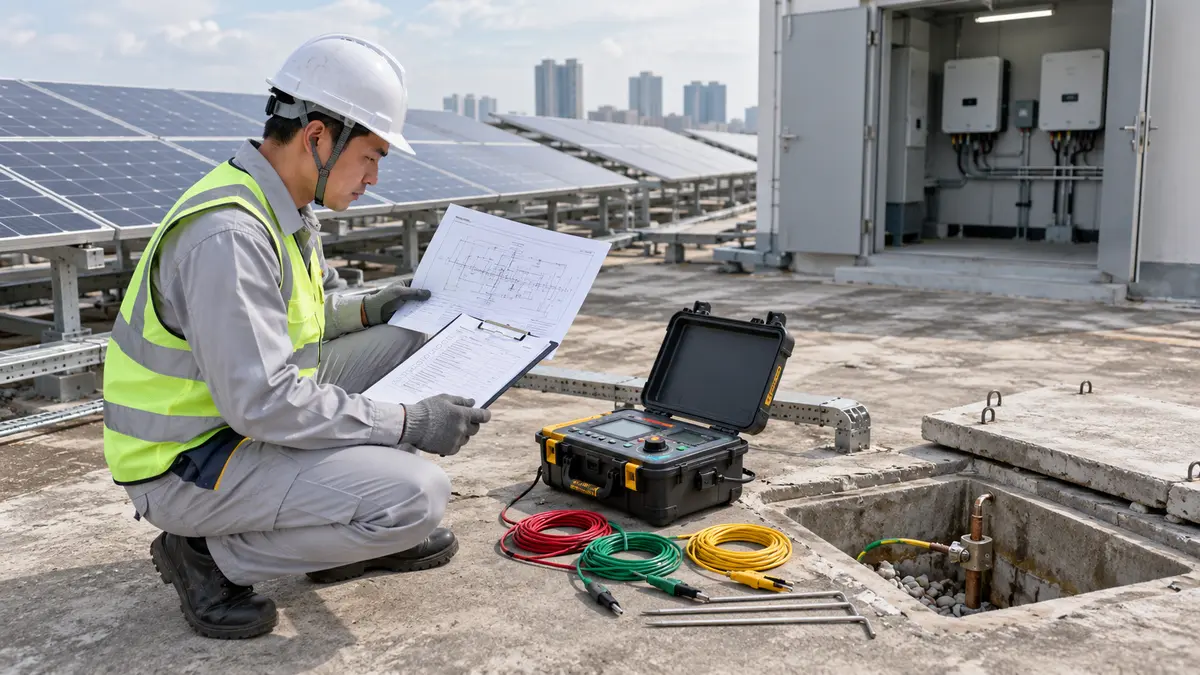 Kỹ thuật viên chuẩn bị đo điện trở tiếp địa tại hệ thống solar