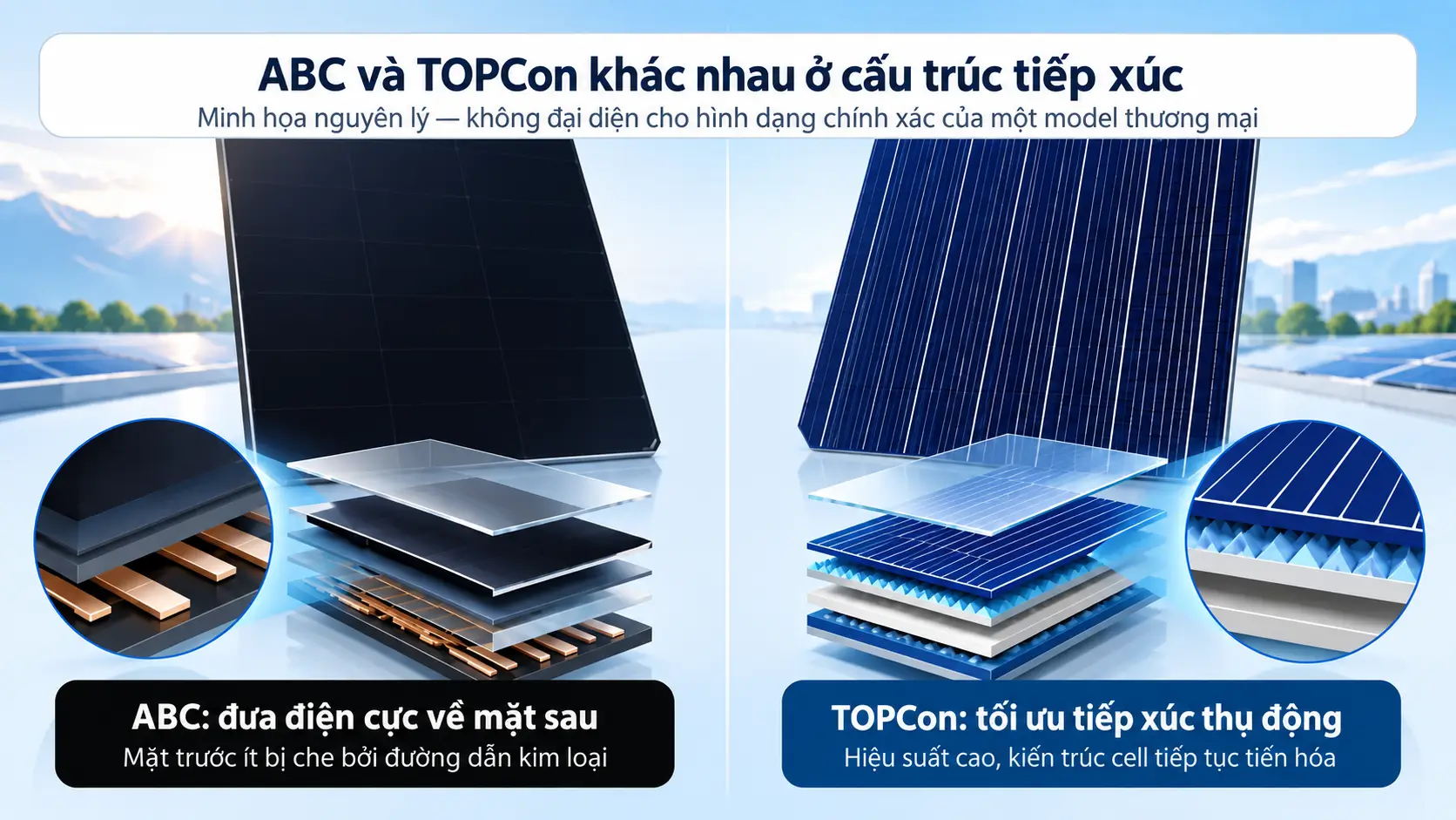 So sánh cấu trúc cell ABC tiếp xúc phía sau và TOPCon tiếp xúc thụ động