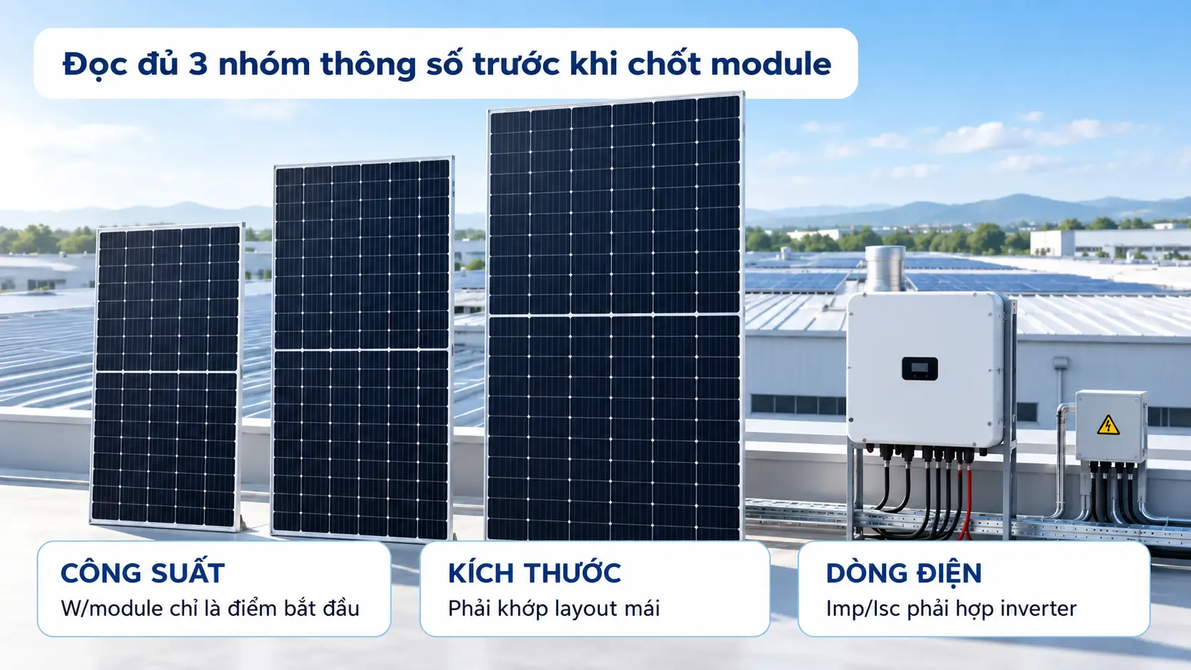 Các nhóm thông số cần đọc khi chọn module JA Solar cho nhà xưởng gồm công suất, kích thước và dòng điện