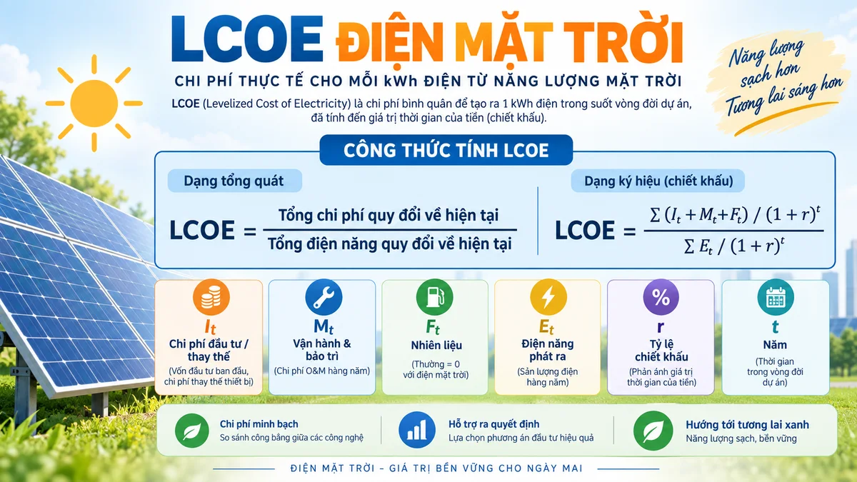 Infographic giải thích công thức LCOE điện mặt trời và các biến số đầu vào chính