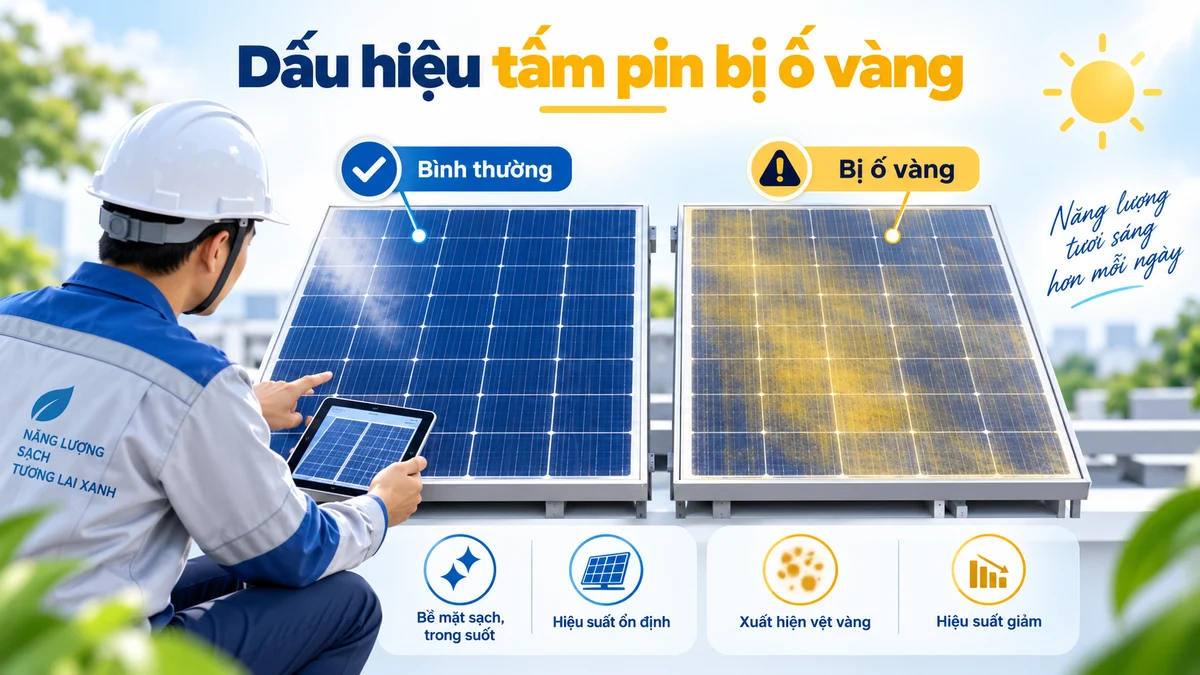 Hai tấm pin cho thấy sự khác biệt giữa bề mặt bình thường và vùng đổi màu vàng cần kiểm tra
