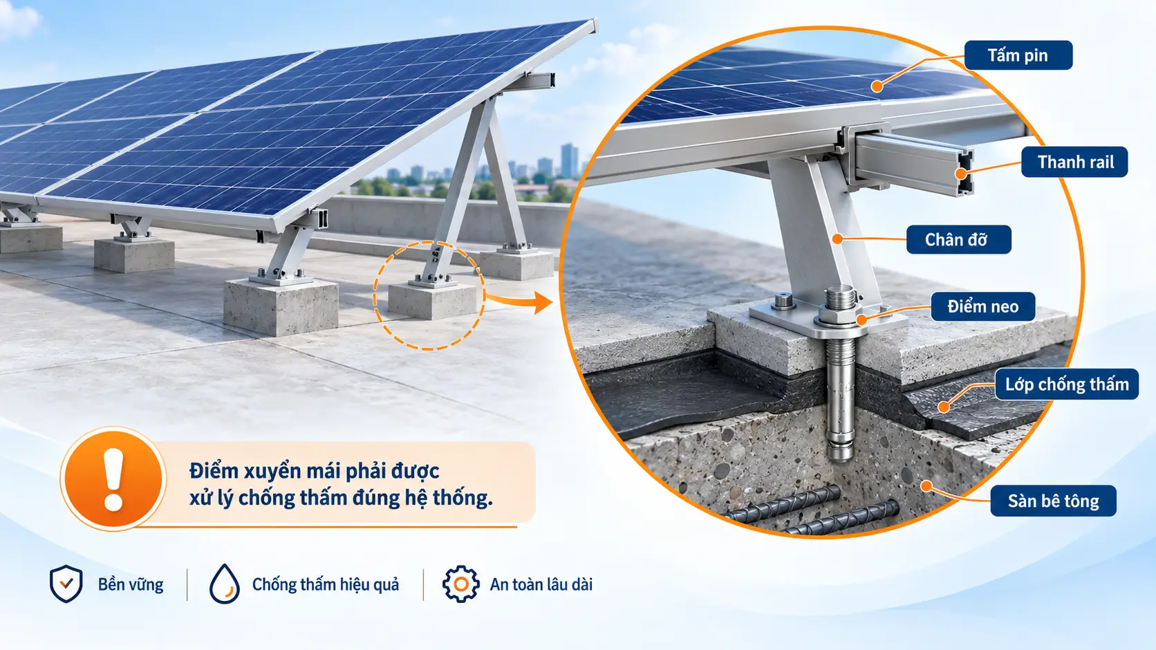 cấu tạo điểm neo khung điện mặt trời mái bê tông
Vị trí: sau đoạn giải thích chống thấm
