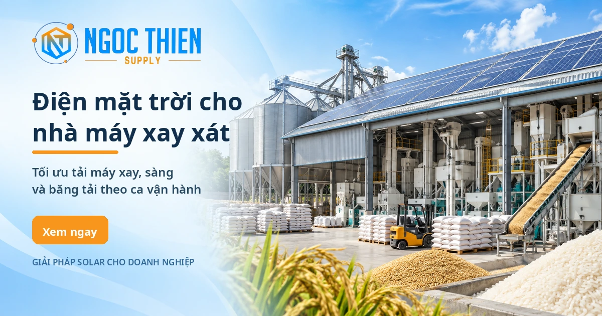 Điện mặt trời cho nhà máy xay xát với hệ pin trên mái nhà máy chế biến gạo