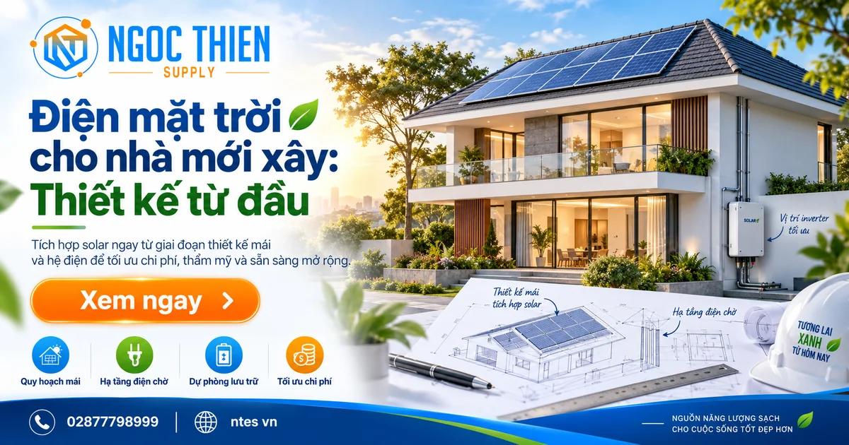 Điện mặt trời cho nhà mới xây được tích hợp từ thiết kế mái, inverter, tủ điện và không gian lưu trữ.