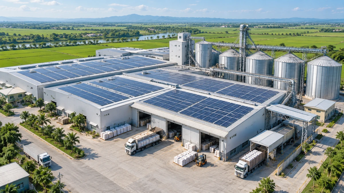 Hệ thống điện mặt trời trên mái nhà máy xay xát có silo và khu vực xuất nhập hàng.