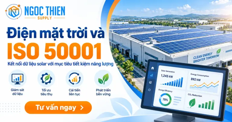 Ảnh đại diện về điện mặt trời và ISO 50001 với nhà xưởng lắp solar áp mái và màn hình dashboard quản lý năng lượng.