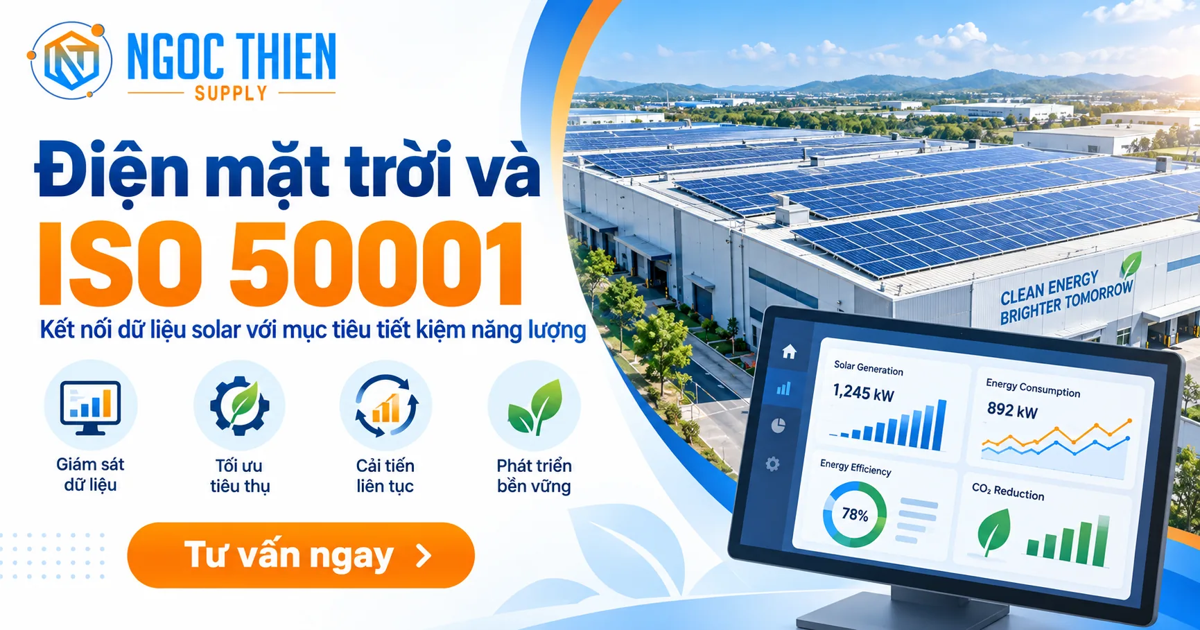 Ảnh đại diện về điện mặt trời và ISO 50001 với nhà xưởng lắp solar áp mái và màn hình dashboard quản lý năng lượng.