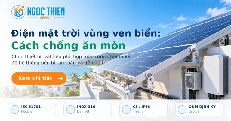 Điện mặt trời vùng ven biển với tấm pin, khung nhôm và thiết bị điện được chọn để chống ăn mòn hơi muối.