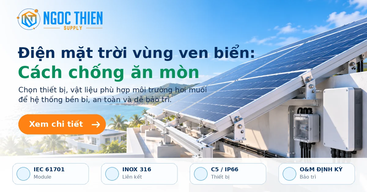 Điện mặt trời vùng ven biển với tấm pin, khung nhôm và thiết bị điện được chọn để chống ăn mòn hơi muối.