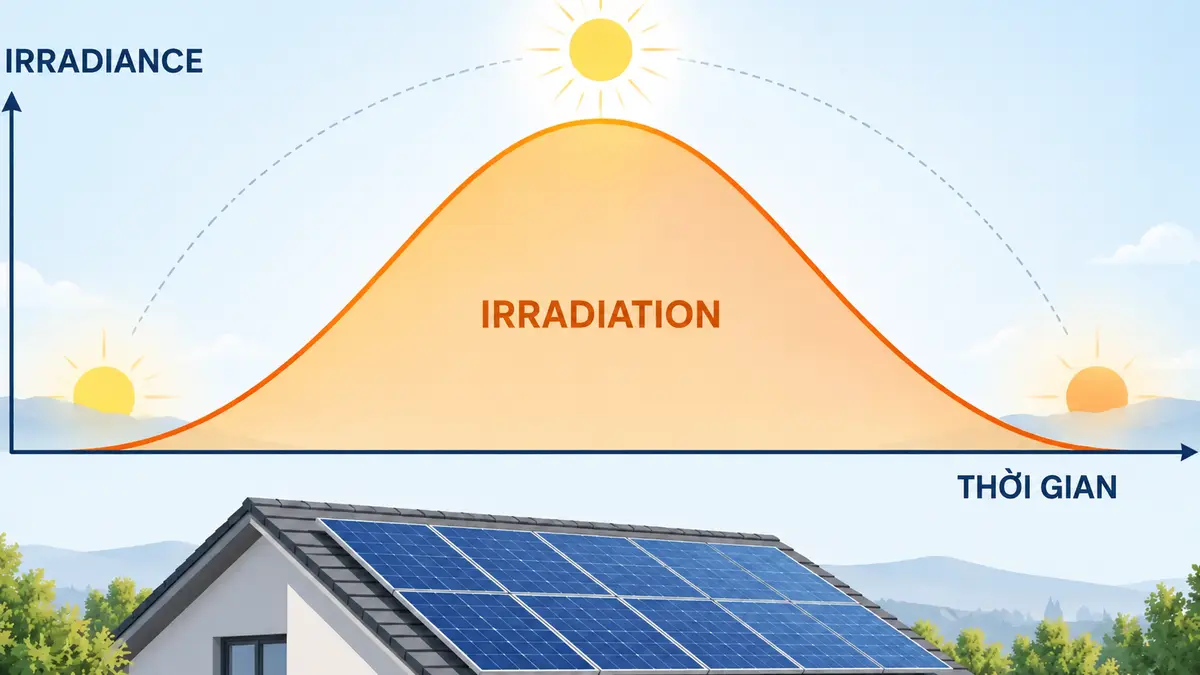 Phần diện tích dưới đường cong Irradiance theo thời gian biểu diễn Irradiation tích lũy.