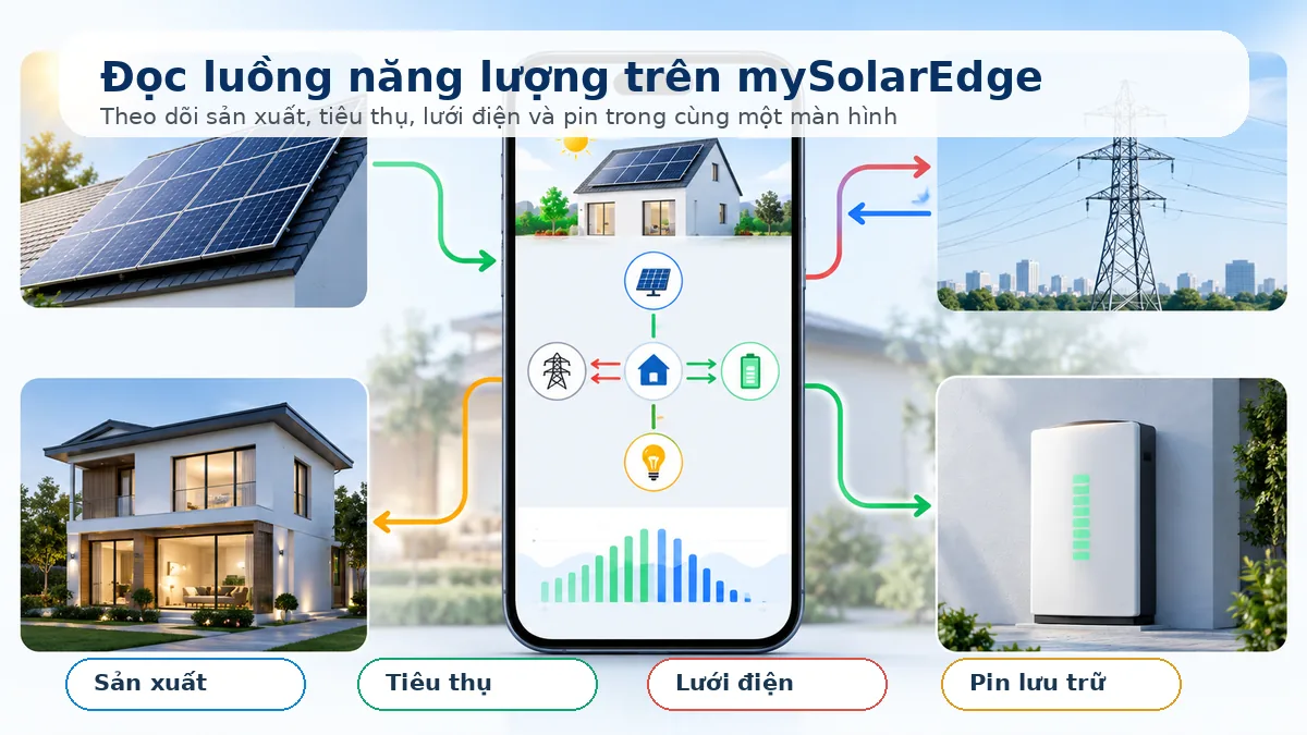 Sơ đồ đọc luồng năng lượng trên mySolarEdge gồm sản xuất, tiêu thụ, lưới điện và pin lưu trữ