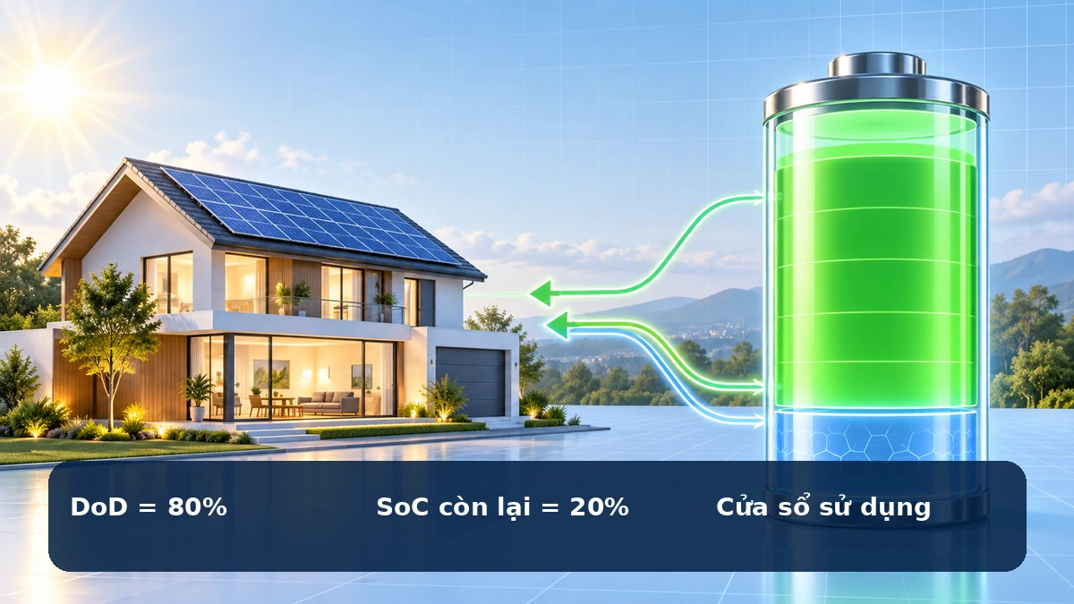 Minh họa quan hệ DoD 80% và SOC còn lại 20% của pin lưu trữ
