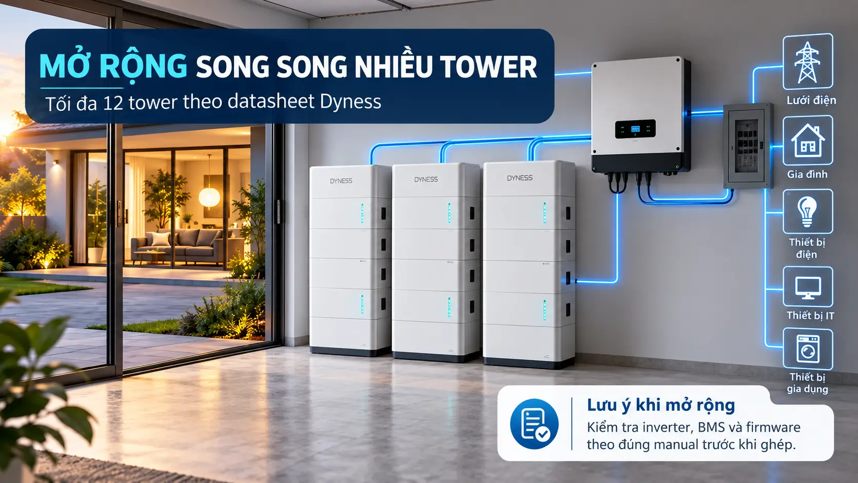 Nhiều cụm pin lưu trữ Dyness Tower ghép song song trong hệ Hybrid