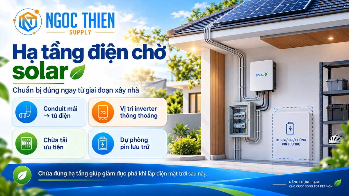 Hạ tầng điện chờ solar cho nhà mới xây gồm ống chờ DC AC, vị trí inverter, tủ điện và không gian pin lưu trữ.