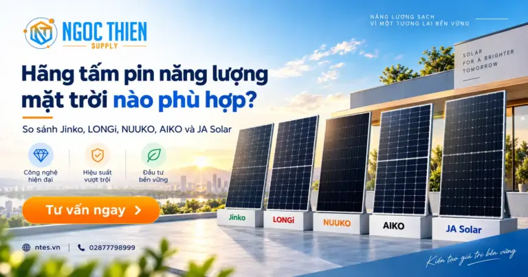Năm hãng tấm pin năng lượng mặt trời Jinko, LONGi, NUUKO, AIKO và JA Solar được đặt cạnh nhau để so sánh lựa chọn