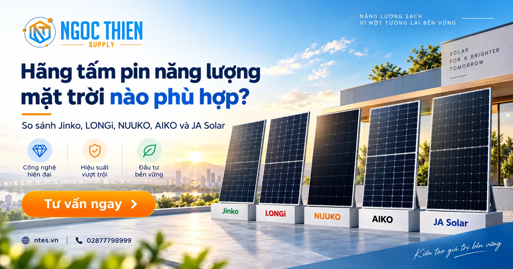 Năm hãng tấm pin năng lượng mặt trời Jinko, LONGi, NUUKO, AIKO và JA Solar được đặt cạnh nhau để so sánh lựa chọn