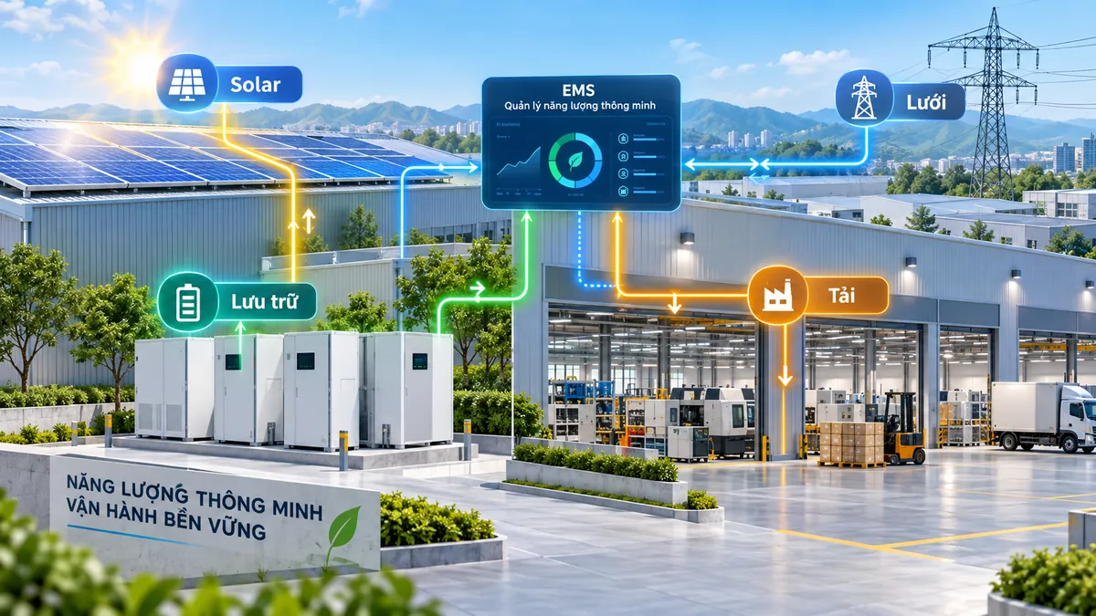 Hệ thống năng lượng thông minh cho nhà xưởng với EMS giám sát solar, pin lưu trữ và phụ tải.