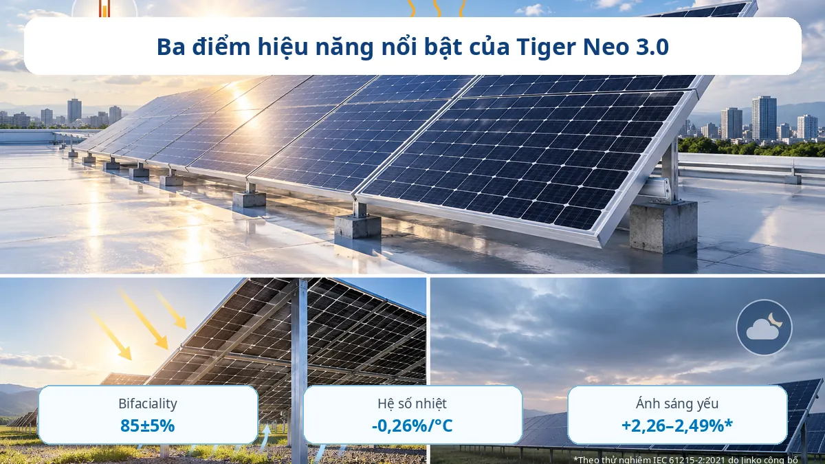 Ba điểm hiệu năng nổi bật của Tiger Neo 3.0 gồm bifaciality, hệ số nhiệt và khả năng làm việc khi bức xạ thấp