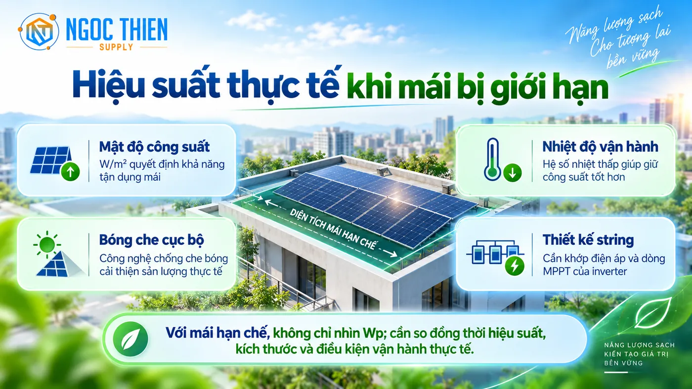 Hiệu suất thực tế khi mái bị giới hạn trong hệ thống điện mặt trời