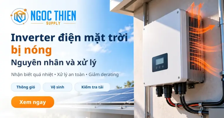 Inverter điện mặt trời bị nóng trên tường với luồng nhiệt thoát qua cánh tản nhiệt