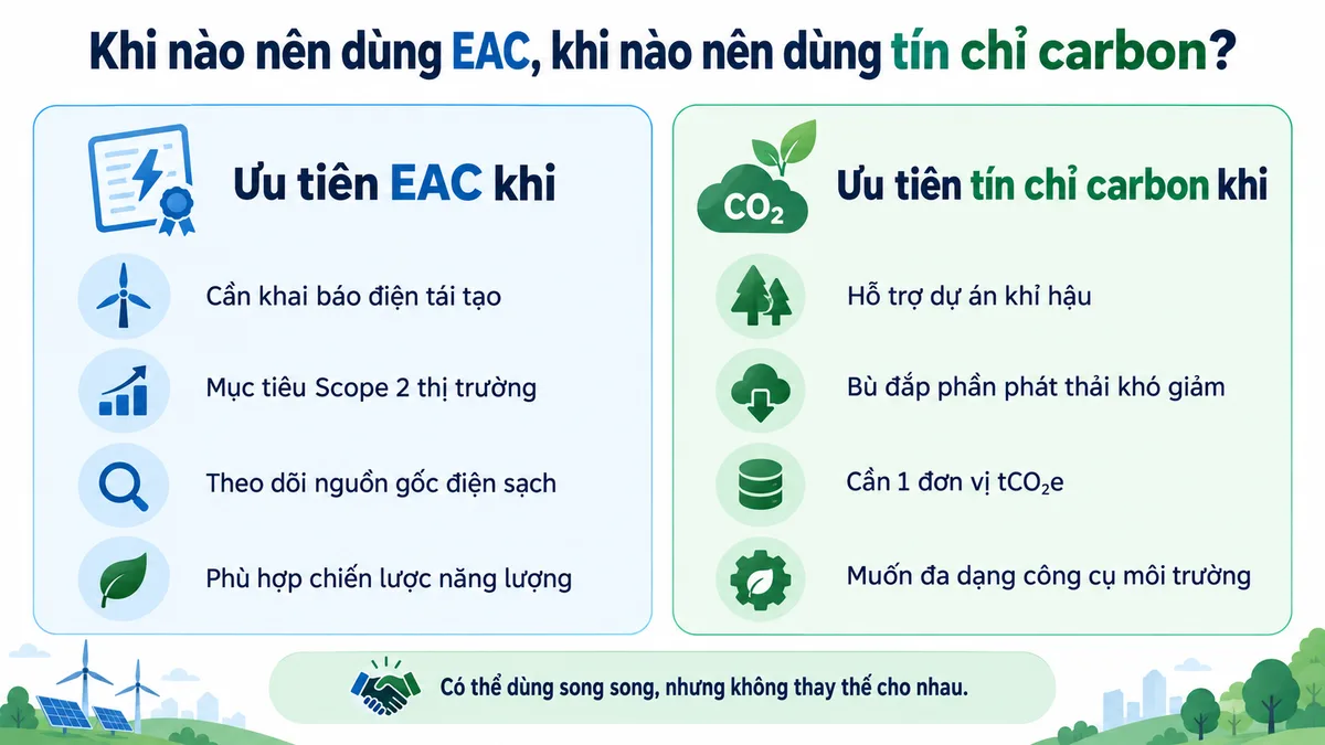 Khi nào nên dùng EAC và khi nào nên dùng tín chỉ carbon trong chiến lược môi trường doanh nghiệp
