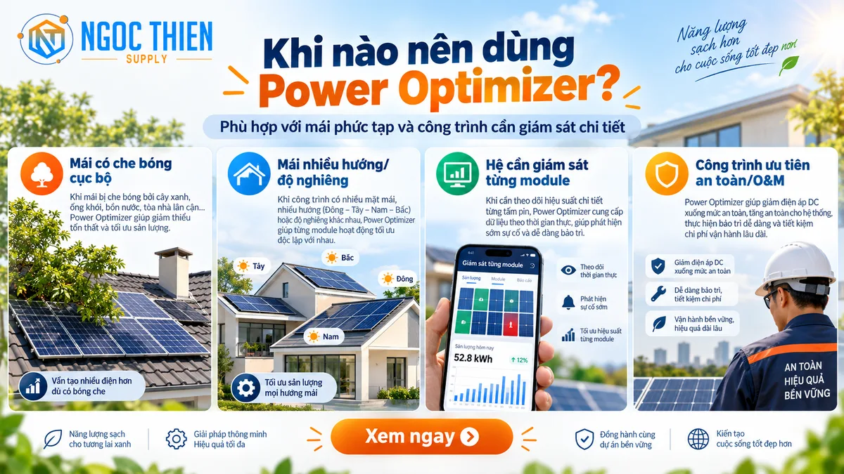 Các trường hợp nên dùng SolarEdge Power Optimizer trên mái che bóng, mái nhiều hướng và hệ cần giám sát chi tiết