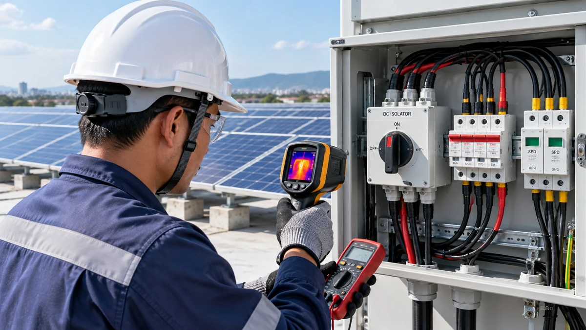 Kỹ thuật viên kiểm tra nhiệt và đầu nối DC Isolator