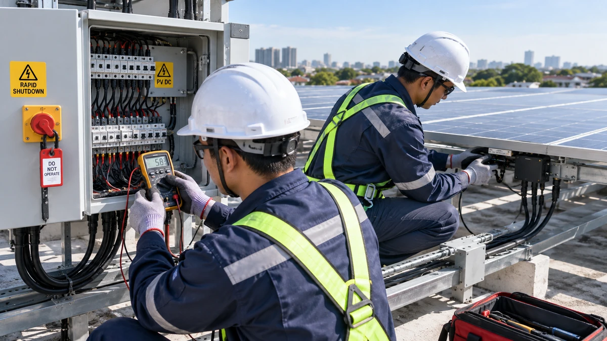 Kỹ thuật viên đo kiểm hệ thống Rapid Shutdown điện mặt trời.