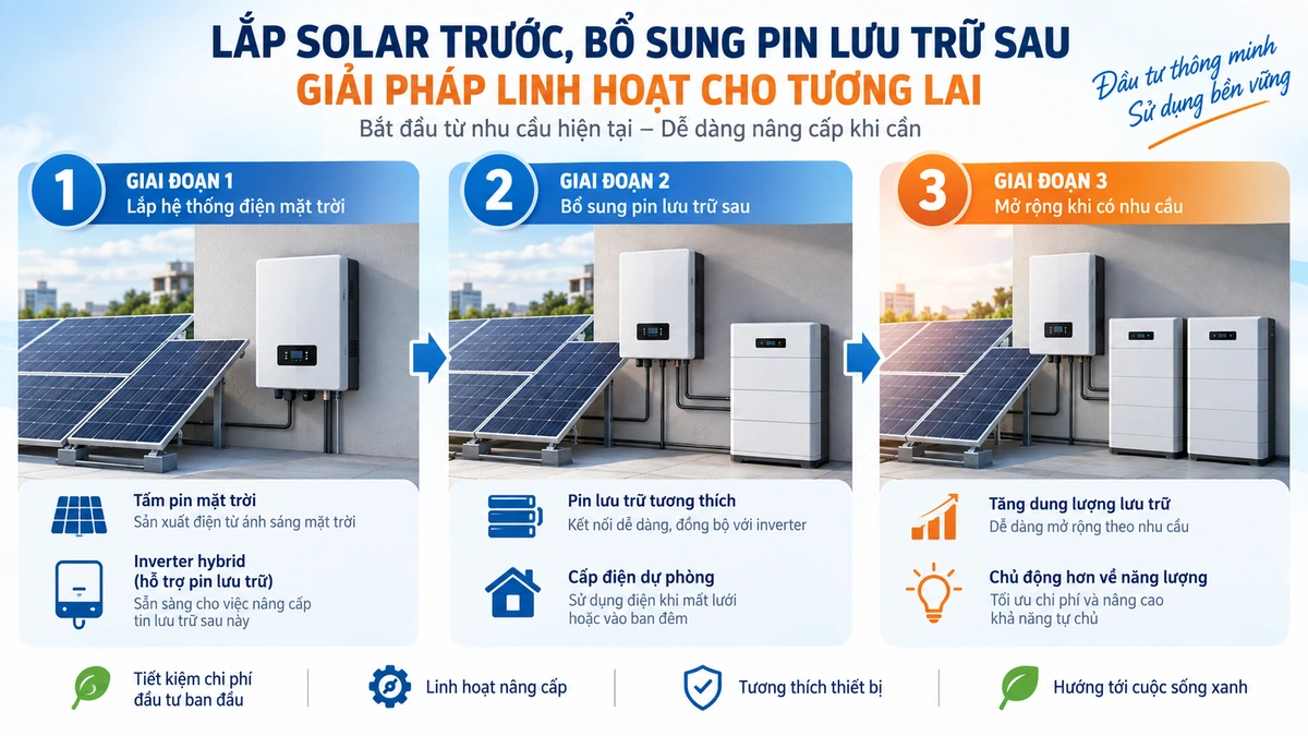 Lộ trình ba giai đoạn: lắp solar, bổ sung pin tương thích và mở rộng khi nhu cầu tăng.