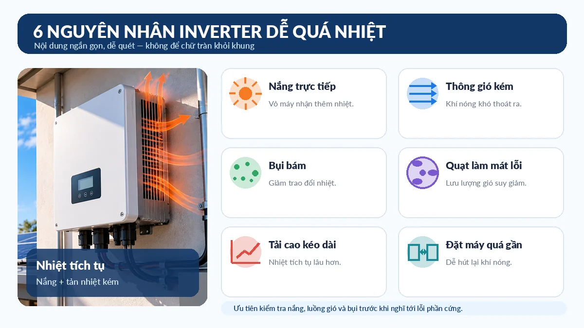 6 nguyên nhân inverter dễ quá nhiệt gồm nắng trực tiếp, thông gió kém, bụi bẩn, lỗi làm mát và tải cao