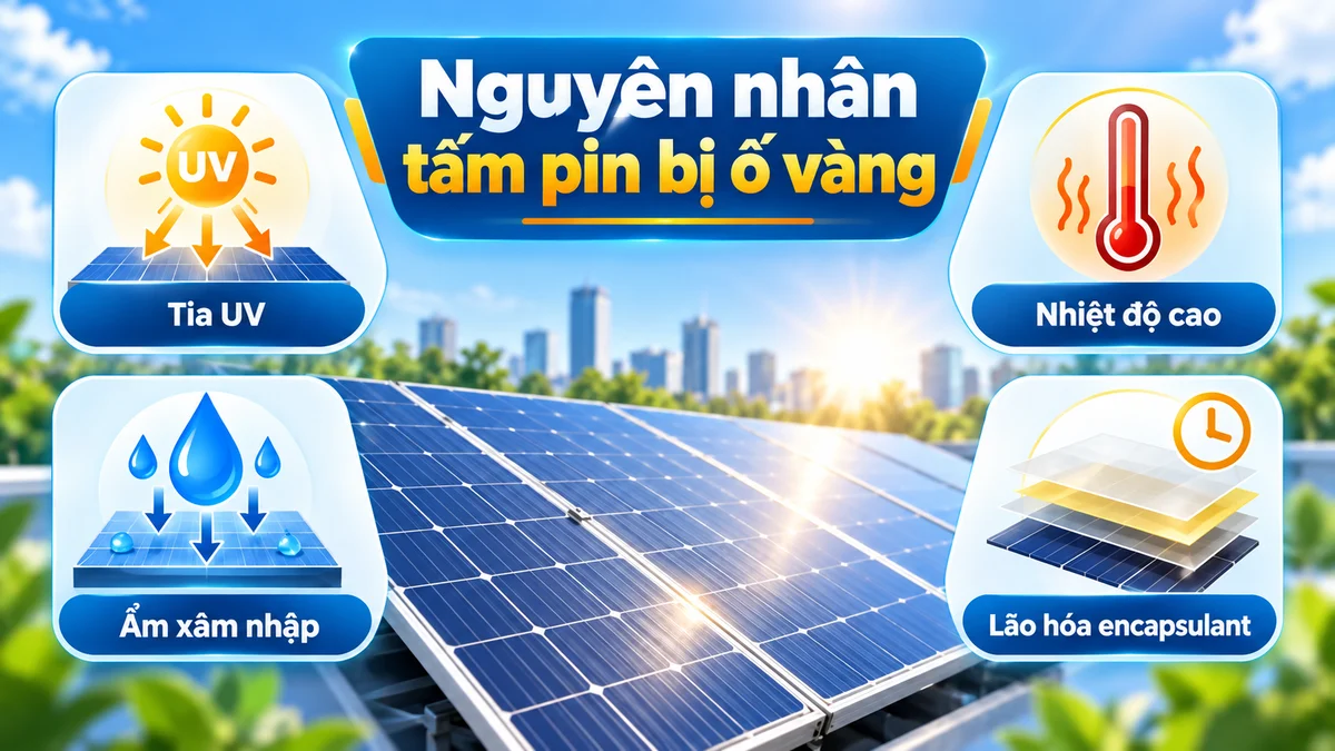 Các yếu tố như tia UV, nhiệt độ cao, ẩm và lão hóa encapsulant thúc đẩy hiện tượng đổi màu module