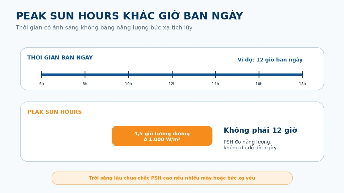 2 giờ ban ngày không đồng nghĩa 12 Peak Sun Hours; PSH phụ thuộc tổng năng lượng bức xạ nhận được.