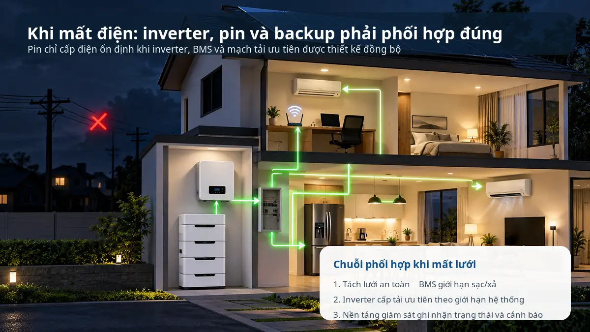 Inverter và pin phối hợp backup khi mất điện