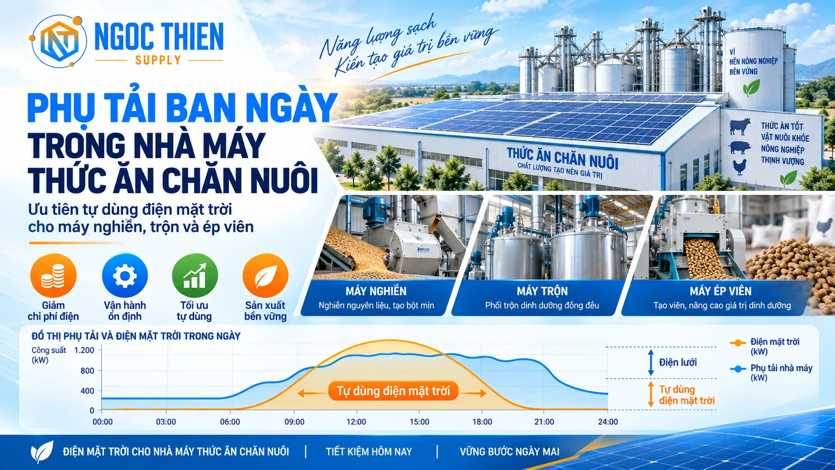 Biểu đồ phụ tải ban ngày trong nhà máy thức ăn chăn nuôi kết hợp đường phát điện mặt trời và các phân cảnh máy nghiền, máy trộn, máy ép viên.