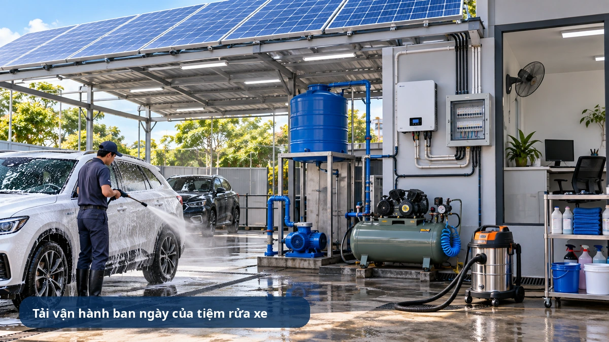 Các phụ tải điện ban ngày của tiệm rửa xe gồm bơm, máy nén khí và máy hút bụi